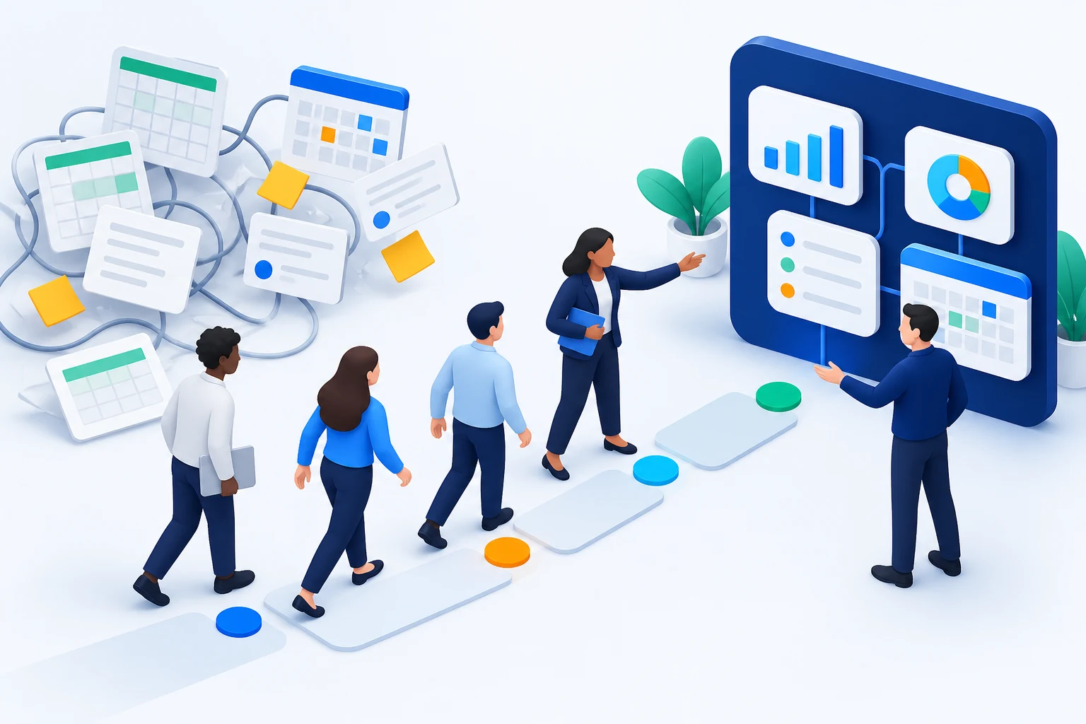 A team moving from scattered tools into a clear connected workspace.